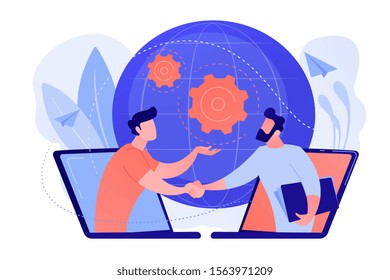 Businessmen shaking hands through laptop screens as online business, conference, meeting, network, deal, negotiations, agreement concept, pinkish coral blue palette. Vector illustration on white