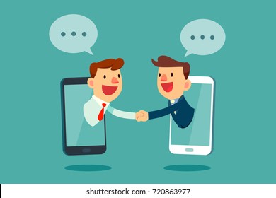Businessmen shaking hands through smart phone screen. Business communication and technology concept.
