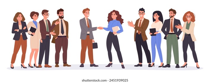 Businessmen shaking hands. Two business people shaking hands surrounded by greeting colleagues flat vector illustration. Business partnership scene