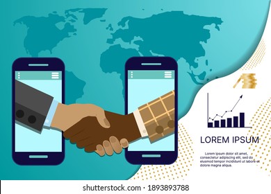 Businessmen shaking hands using online connections. Concluding deals online, opening a new startup amid a growing financial schedule. Place for text. Vector