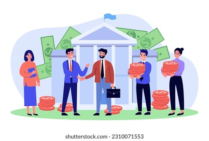 Hombres de negocios sacuden las manos en la ilustración vectorial. Gente sosteniendo monedas y dinero, negociando con socios con bancos en segundo plano. Tipos de capital, finanzas, concepto de asociación