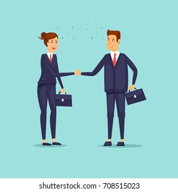 Businessmen shaking hands. Woman and a man. Flat design vector illustration.