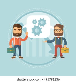 Businessmen sharing business ideas about financial recovery on the background of graph going down. Business idea, teamwork concept. Vector flat design illustration in the circle isolated on background