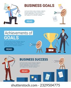businessmen shoot targets, horizontal banners. business concept people completing business goals, dressed in office style shooting arrows. vector illustration.