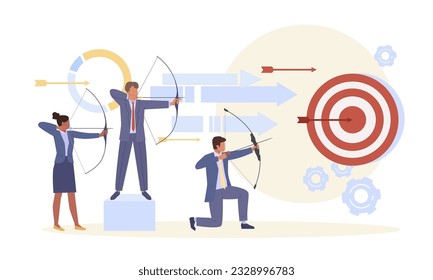 businessmen shoot at targets. people dressed in office style are shooting arrows, completing goals. vector cartoon business concept illustration.