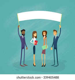 Businessmen Show White Board, Signboard, Empty Copy Space, Business People Cartoon  Hold Placard Sign Board Blank Flat Vector Illustration