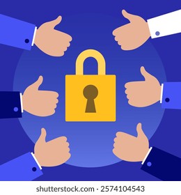 Businessmen showing thumbs up gesture around a closed padlock, approving a strong cybersecurity strategy