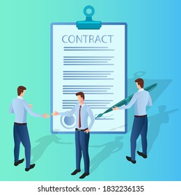 Businessmen sign a contract.In the hands of a businessman, a fountain pen and a document.Business activity the concept of successful negotiations and agreements.Flat vector illustration.