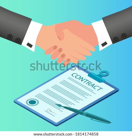 Businessmen sign a contract.Handshake of two businessmen.The concept of concluding a contract of negotiations and agreements.Flat vector illustration.
