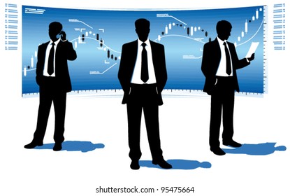 Businessmen silhouettes with market graph.