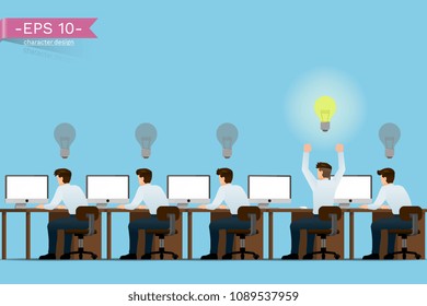 Businessmen sitting by the creative work by displaying the concrete in the shape of the light bulb and successful work in the organization.