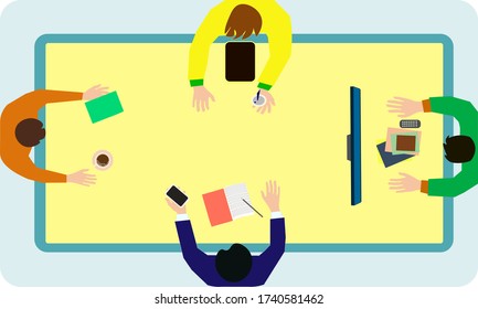 Businessmen sitting in office and keeping social distance during the meeting. Safety distance. Coronovirus situation after quarantine end. Brainstorming. Briefing. Background. Copy space.