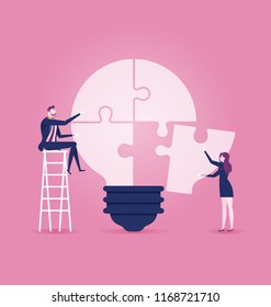 Businessmen sitting on ladder, completing an idea light bulb puzzle - Illustration