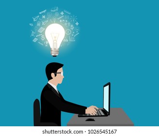 Businessmen sitting on the table help in brainstorming. And to make the financial and Business  success. Infographic. conceptual light bulb. Modern ideas and vector illustrations on a blue background