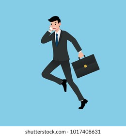 Businessmen smile and running while talking about work, presenting earnings, explaining products, discussing projects and selling or operating. Flat illustrator vector design.