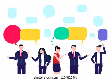 Businessmen social conversation network discuss, social network chat or dialogue with chat speech bubbles flat style design vector illustration isolated on white background. Sharing news, messages.