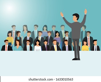 Businessmen speaking on seminar, meeting or conference vector illustration. Back view of business speaker. Man standing in front of the crowd.