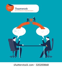 Businessmen speaking with speech bubbles and puzzle bridge.
Vector illustration Eps10 file. Global colors. Text and Texture in separate layers.