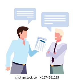 businessmen with speech bubble on white background vector illustration design