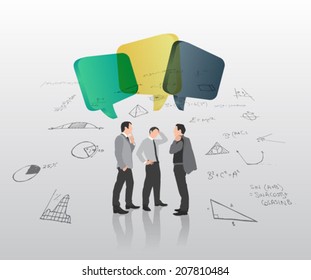 Businessmen with speech bubbles on math formulas on grey background