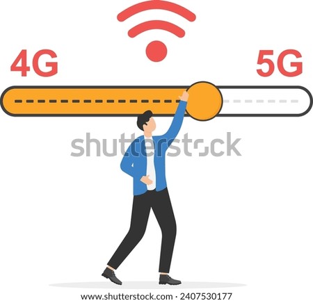 Businessmen speed up wireless internet. Switching from 4g to fast 5g technology. Wi-fi signal quality improvements, optimization. Tariff plan with fast internet.

 商業照片 © 