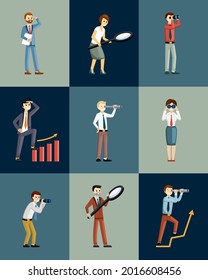 Businessmen with spyglass and binoculars look distance set. Character in suits with telescopes magnifying glass examine financial perspective man analyzes economy. Vector cartoon economy.