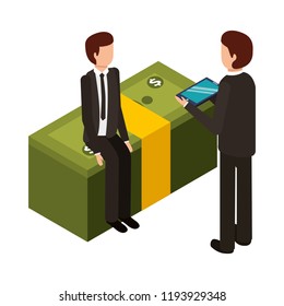 businessmen with stack of bill dollar isolated icon