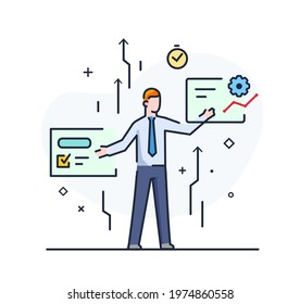businessmen staff development. Workflow, growth, graphics. Business development, milestones. linear illustration Icons infographics. Landing page site print poster