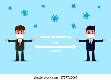 Businessmen stand apart from each other. Spacing between people to stop the coronavirus epidemic. Social distancing concept. Vector illustration.