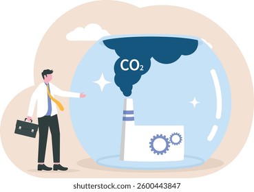 Businessmen stand with glass dome strong protection catching harmful clouds. Carbon Capture Technology research.

