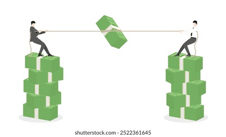 Empresários em pé na pilha de notas, puxe uma corda para pegar um dinheiro. O desafio da concorrência nos negócios, a empresa financeira estratégica para participação no mercado, o crescimento econômico e o sucesso financeiro.