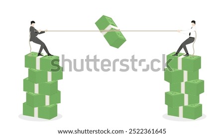 Businessmen stand on banknotes stack, pull a rope for grab a money. The challenge of business competition, strategic financial company for market share, economic growth, and financial success.