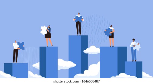 Businessmen stand on different catwalks, hold the details of the puzzle and can not put them together. The concept of poor teamwork in business. People can't work together