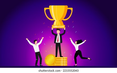 Businessmen stand on medals and trophies with staff showing joy. Leading your business and team to grow and be at the forefront of the business comes with rewards that are both financial and comfort