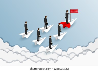 businessmen Stand on paper plane a red and white. One People Standing catch the red flag. Floating over the cloud go to achieve business success goals. business finance. leadership. cartoon vector

