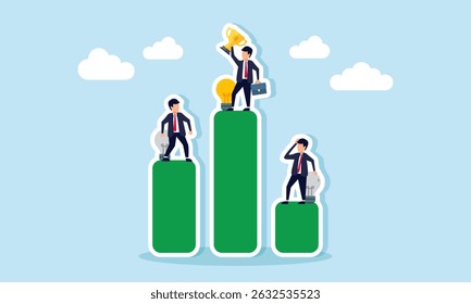 Empresários de pé em partes de um gráfico seguram lâmpadas acesas e quebradas o mais alto também seguram uma ilustração de troféu da comparação de desempenho entre inovador e não inovador