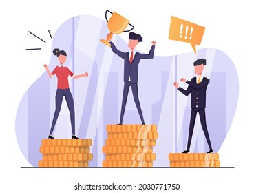 Businessmen stand on stacks of gold coins and rejoice in the business award. A man in a suit is holding a gold cup. Flat vector illustration.