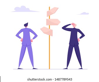 Businessmen Standing at Crossroad and Looking Directional Signs Arrows Making Important Decision for Success of Good Profit. Difficult Choice and Startup Concept. Cartoon Flat Vector Illustration