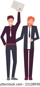 Businessmen standing with diploma in hands. Team wins award, victory in competition. Business planning and development for success. Male employees hold diploma as symbol of victory in business