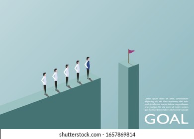 Businessmen standing in front of gap looking at flag. Business concept of goals, success, achievement and challenge. Eps10 vector illustration.