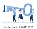 Businessmen standing in front of  keyhole with giant key. Business team holding the key to success. Teamwork concept. Humans characters in trendy style. Scene isolated on white background. Vector