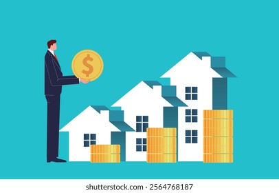 businessmen standing with gold coins next to gradually growing houses