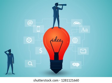 Businessmen standing holding binocular on red light bulb. business success concept. creative idea. leadership. startup. illustration cartoon vector