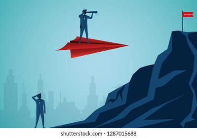 Businessmen standing holding binocular on a red paper plane go to target on the Mountain peaks. business finance success. leadership. startup. illustration cartoon vector