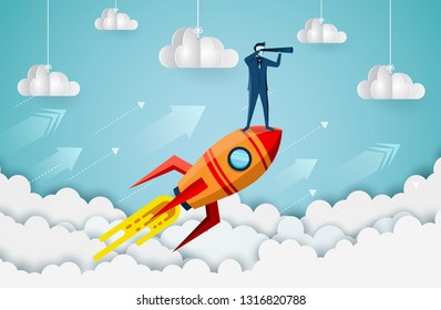Businessmen standing holding binoculars on a space shuttle up to the sky while flying above a cloud. go to success goal. business finance. leadership. creative idea. startup. cartoon vector