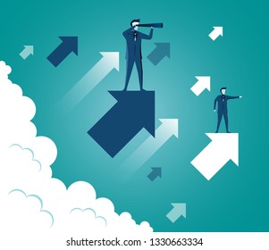 Businessmen standing holding binoculars standing on arrow up to the sky while above a cloud. go to success goal. searching for opportunities. business concept . startup. illustration cartoon vector