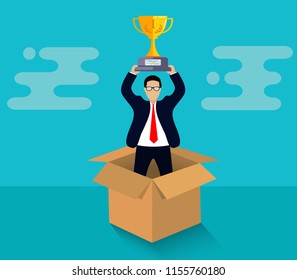 Businessmen standing holding cup from the brown box. business financial success concept. leadership. creative idea. illustration vector. start up.