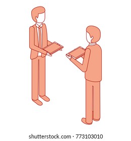 businessmen standing holding device technology isometric