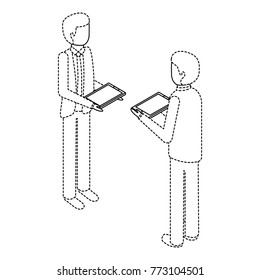 businessmen standing holding device technology isometric