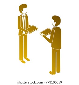 businessmen standing holding device technology isometric
